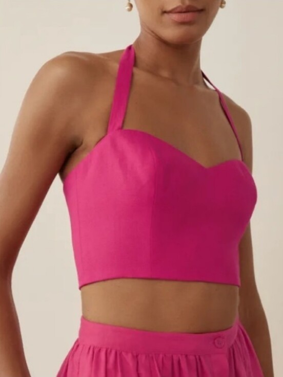 Reformation Tops - Reformation Orzo Pink 100% Linen Halter Crop Top Shirt Barbie Summer Size 4